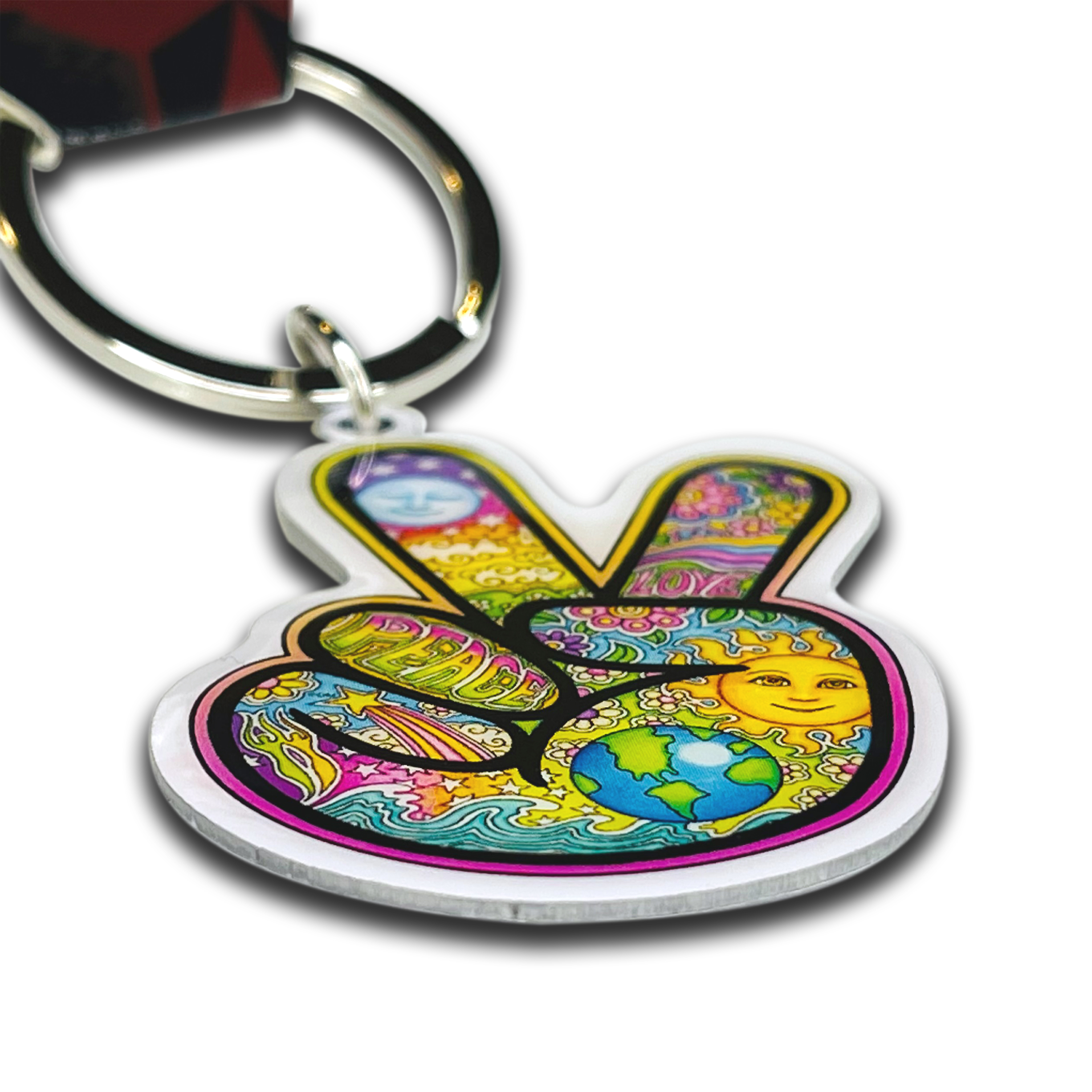 Dan Morris PEACE FINGERS KEYCHAIN, DUAL DOUBLE SIDED METAL KEYRING